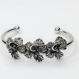 RHODIUM Cuff Bracelet Hibiscus Flowers Antique Rhodium Plating